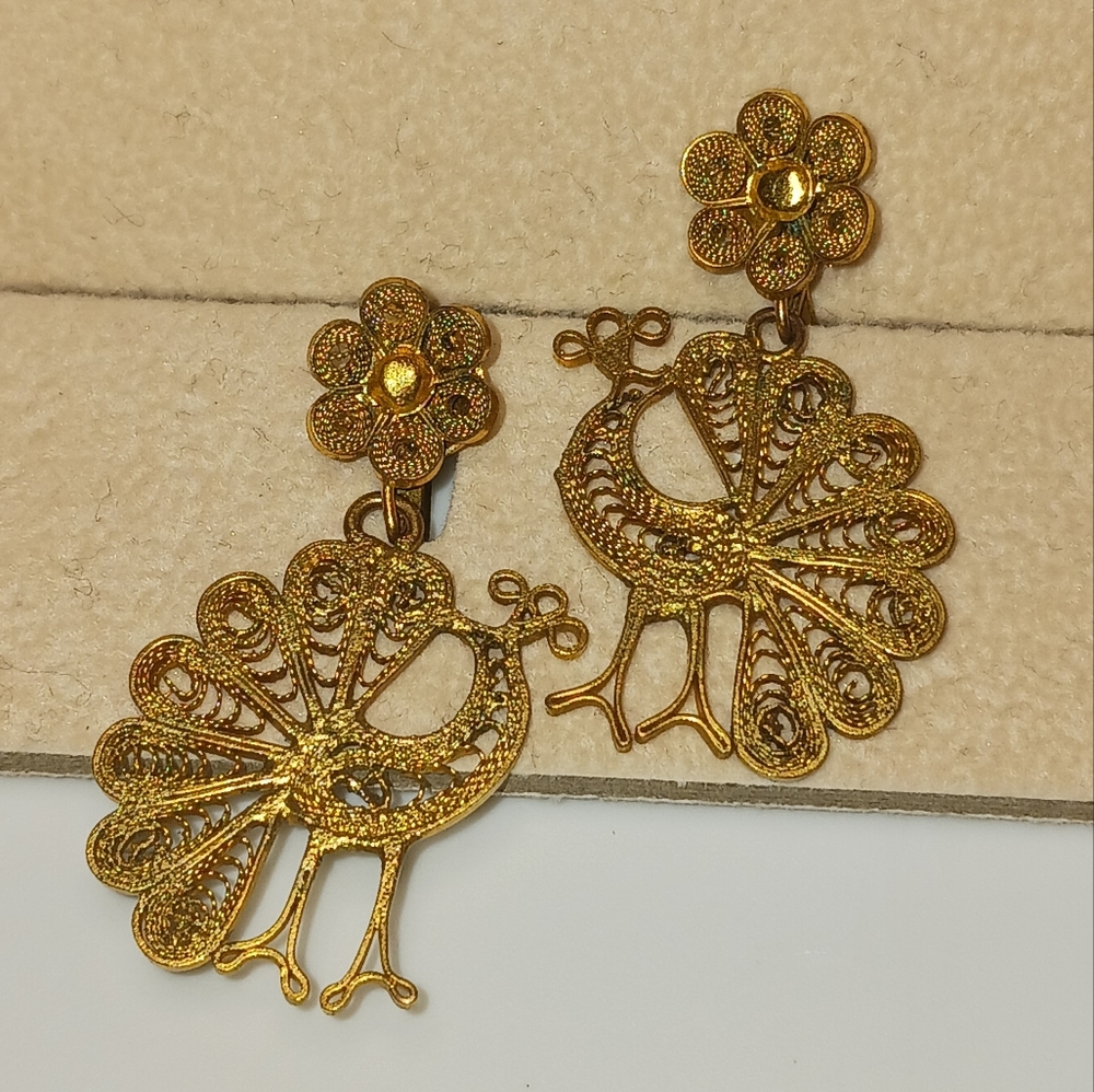 Vintage Gold Tone Peacock Earrings - Picture 3 of 10
